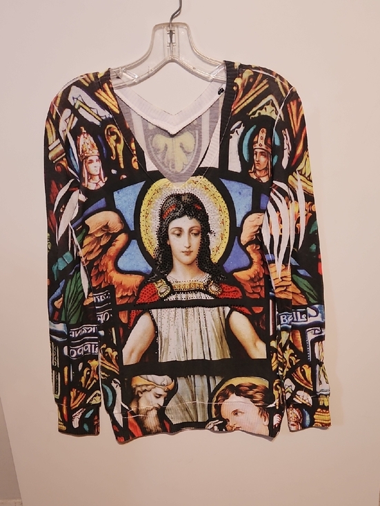 Source Unknown Sweaters - Stained Glass Design Rhinestone Embellished Religious Icon Lightweight Sweater S